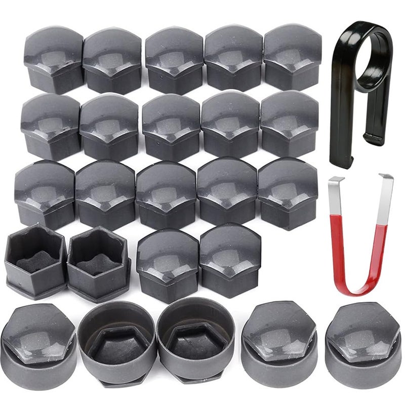 Gebildet 24pcs Wheel Nut Cap 17mm(5pcs Anti-Theft Bolt Cap+19pcs Normal Bolt Cap) Hexagonal Tire Nut Covers with Removal Tool Set for Cars(Grey) - Image 1